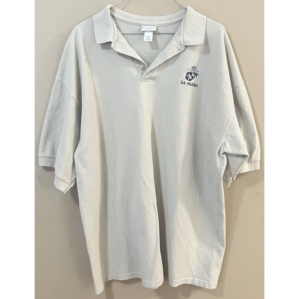 US Marines Polo Shirt Men's 2XL Beige Cotton Deluxe by Anvil Military Casual USA